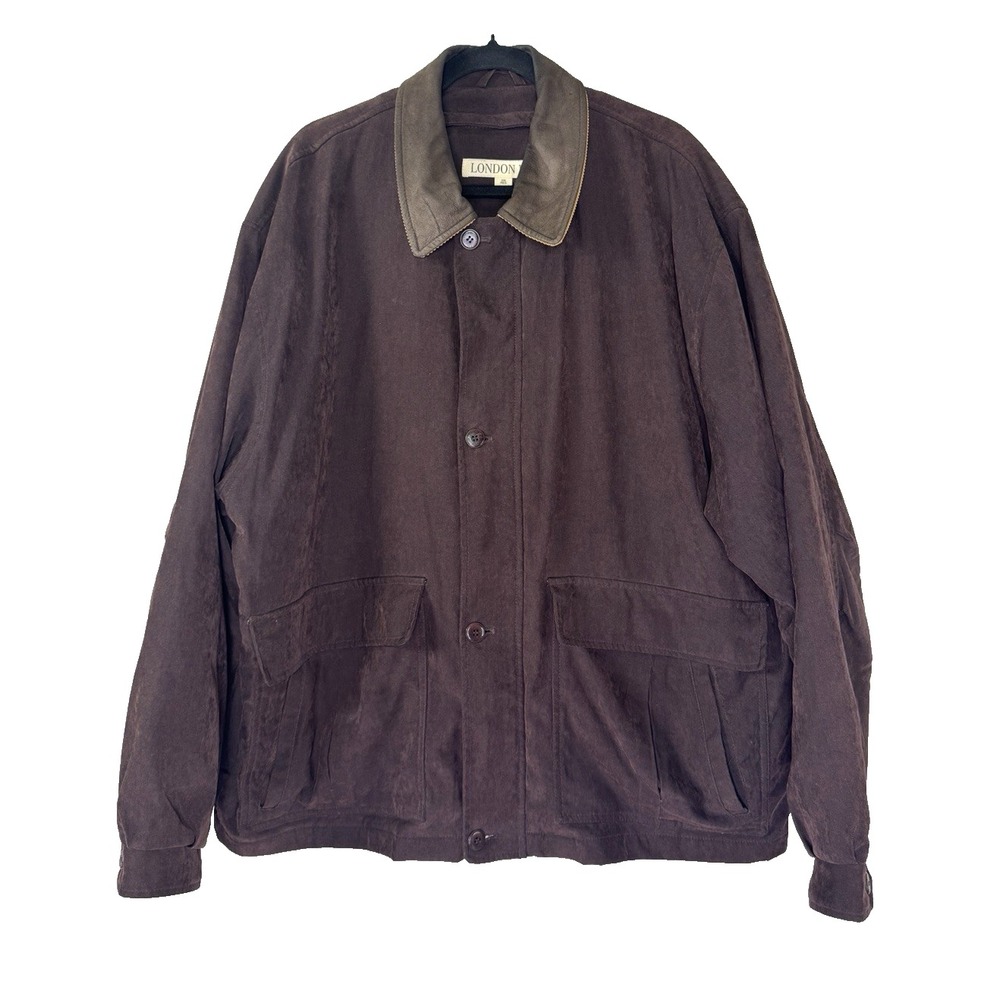 VTG 90s London Fog XXL Bomber Jacket Flannel Quilted Liner Leather Collar Coat